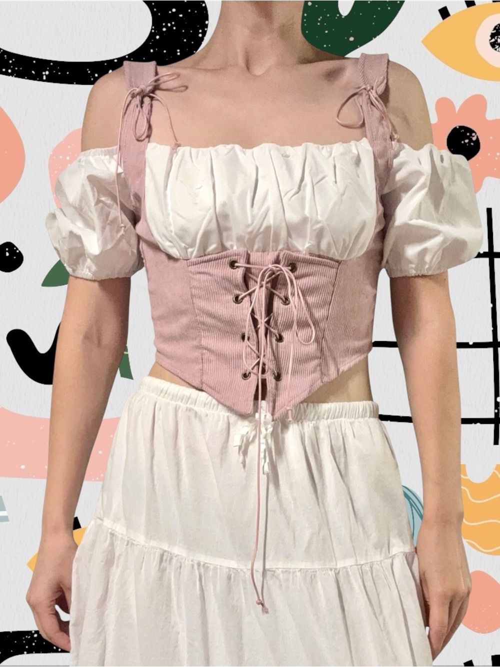 Shein | Dusty Mauve Pink Corduroy Milkmaid Medieval Puff Sleeve Corset Top
